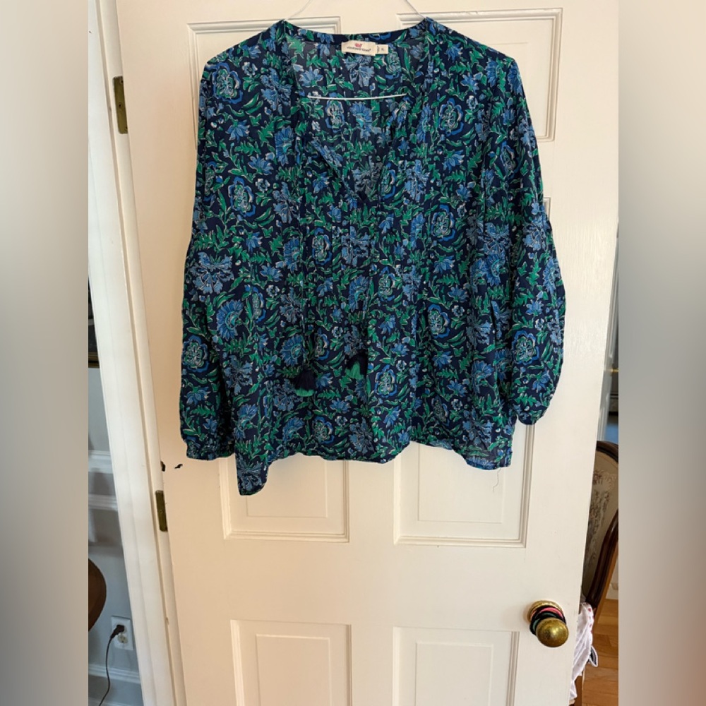 Vineyard Vines Blue and Green Floral Blouse